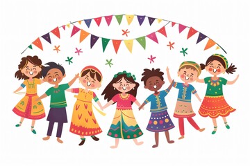 Illustration of happy children from different countries and cultures holding hands and dancing together under colorful flags