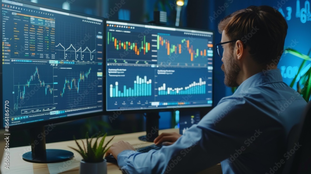Fototapete A professional analyzing a financial graph on a large monitor, surrounded by charts and data.