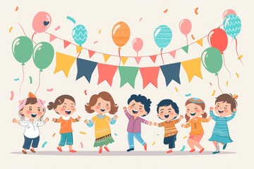 Fototapeta premium Illustration of happy children holding hands and dancing under falling confetti and colorful balloons