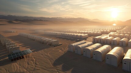 Obraz premium Expansive Battery Storage Units in Desert Landscape