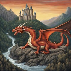 Fototapeta premium A Dragron Protects A Castle