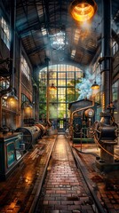 Fototapeta premium A nostalgic view of an old railway engine shed with vintage trains, warm lighting, and a woodland view through the tall windows.
