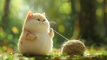 A rotund cat playing with a ball of yarn, its chubby body wobbling with each playful bat.
