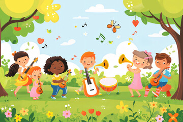 Fototapeta premium Group of children are happily playing music together in a sunny park, surrounded by flowers and trees