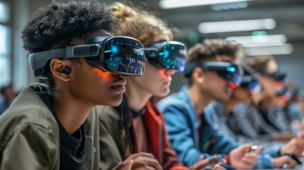 a diverse group of students using augmented reality devices in a futuristic classroom, discussing new ideas and concepts, with a sleek and modern design, offering clear copy space for text