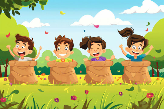 Four cheerful children jumping in sacks on a green meadow on a sunny day, enjoying a sack race during summer camp