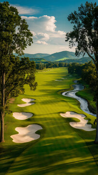 golf course, vast green par 5 dotted with bunkers. Winding creek snakes alongside. 