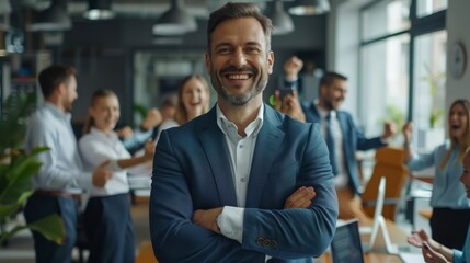 a businessman achieving his quarterly goals, standing proudly in a hyperrealistic office, his team celebrating around him, capturing the moment of triumph, with clear copy space for text