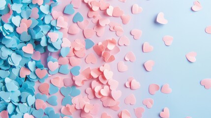 Baby shower theme with heart shaped confetti on pastel pink and blue backdrop Banner for text