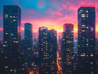 Fototapeta premium Vibrant Cityscape of Towering Skyscrapers Illuminated by Colorful Lights Against a Twilight Sky