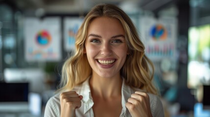 a businesswoman happily achieving her sales targets in a hyperrealistic corporate setting, her expression full of pride and confidence, with charts and graphs in the background, offering ample copy