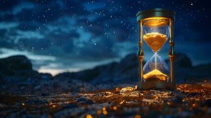 Golden Hourglass Against Starry Night Sky   Time Passage Concept