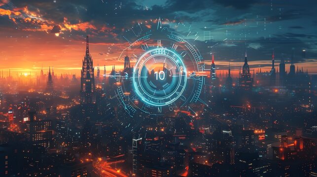 Futuristic Cityscape with Looming Digital Countdown Clock Symbolizing Anticipation of Significant Event