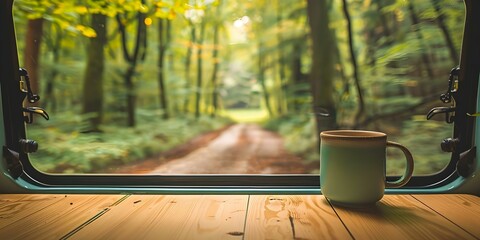 Van Life Embracing Slow Peacefulness with a Coffee Cup on the Campervan Windowsill. Concept Van Life, Slow Peacefulness, Coffee Cup, Campervan Windowsill