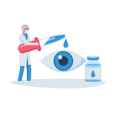 The doctor drops medicine into the eye with a pipette. Pipette in hand. Eye treatment. Drop of medicine. Vector illustration flat design. Isolated on white background.