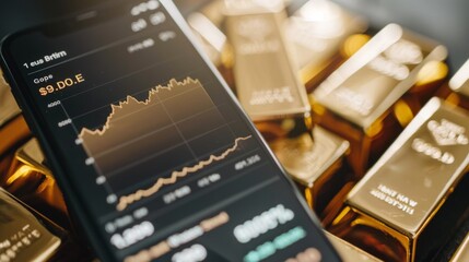 A smartphone screen showing a gold market app with a graph tracking gold prices, held by an investor.