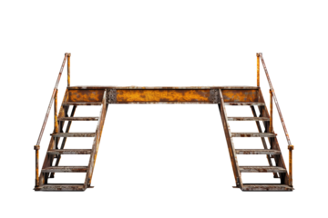 Ascending Harmony: Metal Staircase and Wooden Railing on White or PNG Transparent Background.