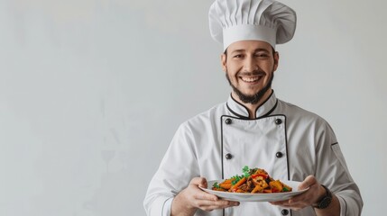 a cheerful chef in a professional uniform, holding a plate of gourmet food, smiling proudly on a white background, capturing the joy of culinary arts, with ample copy space for text