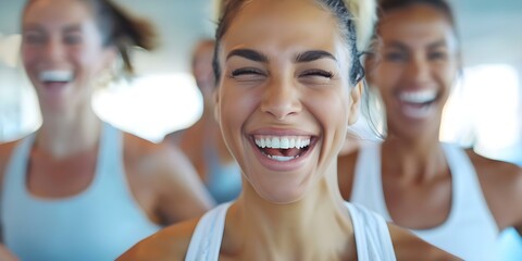 Fototapeta premium Friends laughing and working out together at the gym as a group. Concept Fitness, Group Exercise, Friendship, Workout Motivation, Gym Buddies