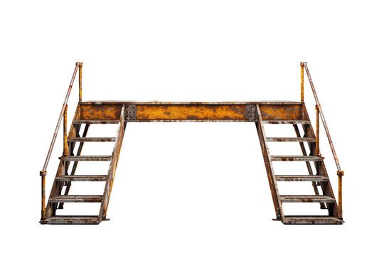 Ascending Harmony: Metal Staircase and Wooden Railing on White or PNG Transparent Background.