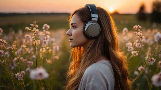 Smiling woman with headphones relaxes in a green field, enjoying music on a summer day