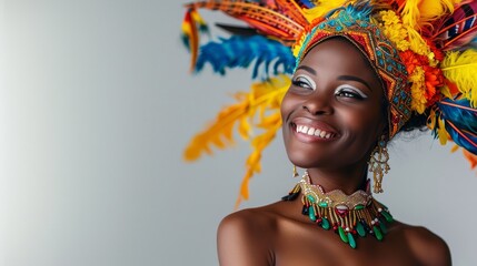 a happy dancer in costume, standing gracefully on a white background, radiating joy and dedication to the performing arts, providing clear copy space for text