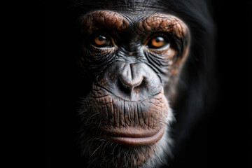 portrait studio gros plan d'un chimpanzé au regard humain sur fond noir