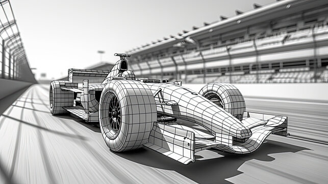 modèle 3d d'une formule 1 en vue maillage filaire monochrome sur une piste