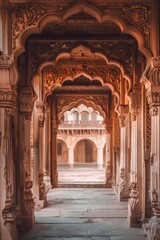 Fototapeta premium An ornate doorway with intricate carvings, with a softly blurred background of a historic building or alley 