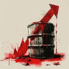 Conceptual illustration showing a barrel of oil with a red arrow indicating rising prices, highlighting market volatility.
