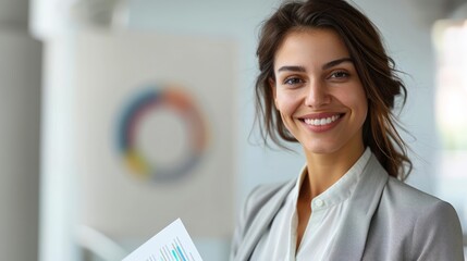 a joyful marketer in business attire, holding marketing materials, smiling confidently on a white background, showcasing enthusiasm and strategy in marketing, with ample copy space for text