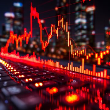 A red market chart displayed on a laptop keyboard with a cityscape background.