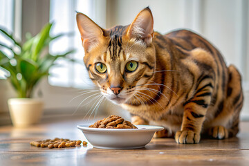 Beautiful Bengal cat eats dry food.