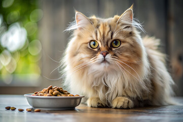 Norwegian Forest Cat eats dry food.