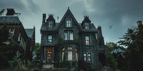 Obraz premium Gothic Mansion in a Stormy Setting