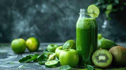 Green Fruits Juice Smoothie in Glass Bottle with Shabby Background