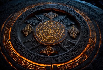 Obraz premium enigmatic glowing symbols etched stone ancient runes illuminated eerie light, shimmering, shimmer, sparkle, sparkling, glare, lighted, lighting, lights, carvings