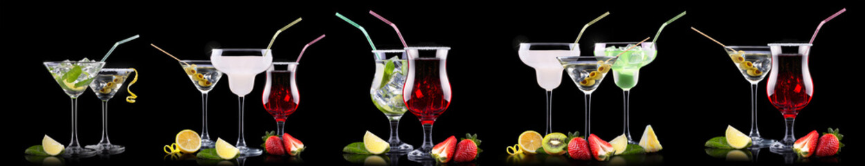 Different alcohol cocktails like beer, martini, soda, champagne, whiskey