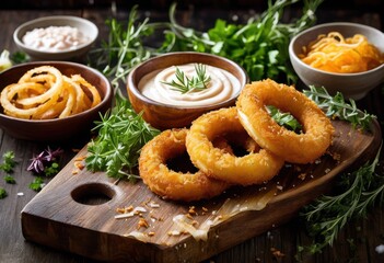 golden crispy onion rings served dipping sauce, crunchy, appetizer, snack, fried, delicious, tasty, batter, coating, brown, condiment, savory, meal, popular