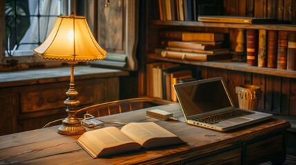 A vintage desk lamp illuminating a cozy workspace with books and a laptop, creating a nostalgic ambiance.