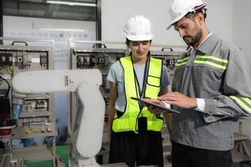 Group of hispanic people working on robot programming in robotic and electronic engineering laboratory. Latino engineer team learning and research automated machine with intelligent mechanical control