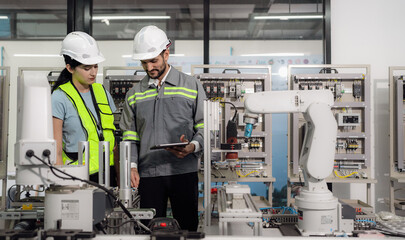 Group of hispanic people working on robot programming in robotic and electronic engineering laboratory. Latino engineer team learning and research automated machine with intelligent mechanical control