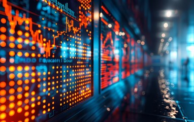 Fototapeta premium Abstract digital display with glowing data and graphs, representing technology, finance, and information.