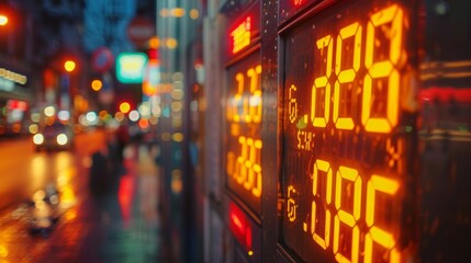 A close-up shot of a digital display showing numbers in a bustling city at night. The lights of the city create a blurry background.