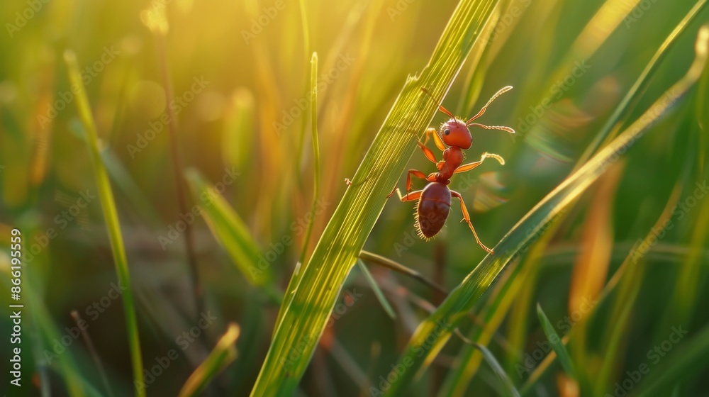 Poster an ant climbing up a blade of grass, emphasizing its agility and persistence.