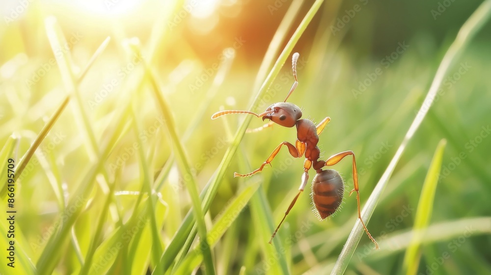 Poster an ant climbing up a blade of grass, emphasizing its agility and persistence.