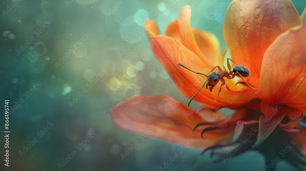 Poster an ant perched on a flower petal, illustrating the contrast between its small size and the vastness 