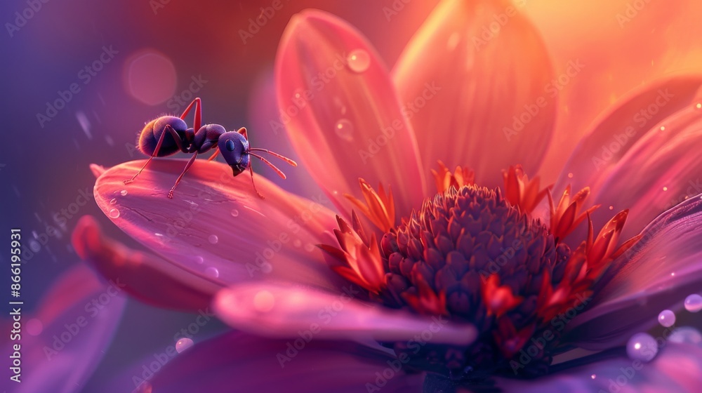 Poster an ant perched on a flower petal, illustrating the contrast between its small size and the vastness 