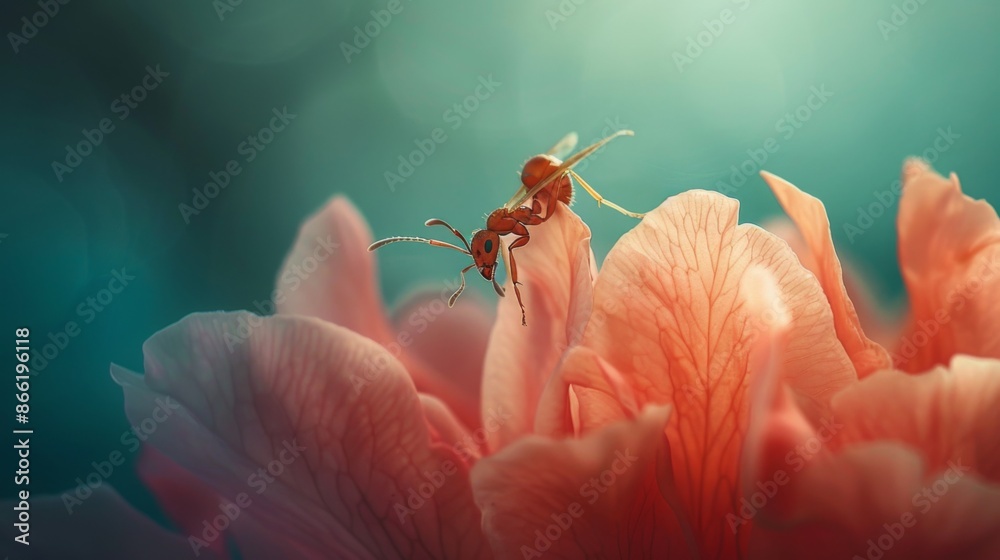 Poster an ant perched on a flower petal, illustrating the contrast between its small size and the vastness 