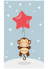 Funny illustration of a cute monkey flying with a star-shaped balloon